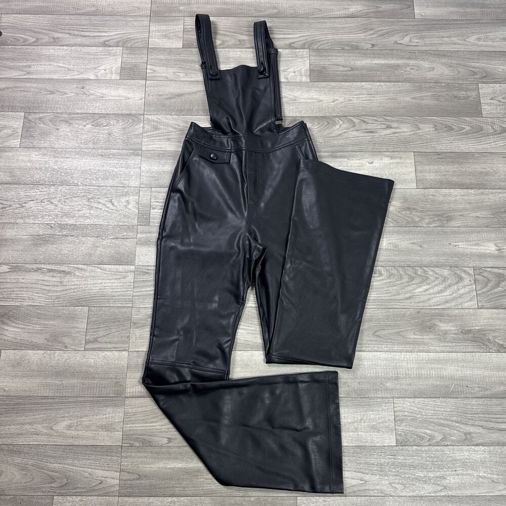 Anthropologie Maeve Faux Leather Bib Overalls Jumpsuit Flare Leg Black sz 0